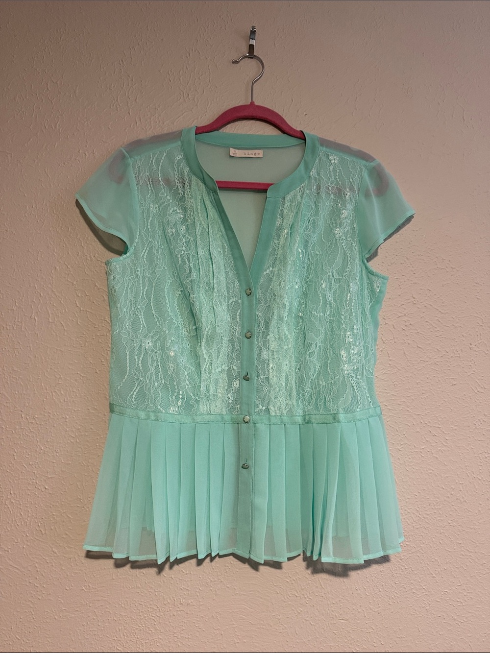 hinge Mint Green Lace & Pleated Chiffon Button-Front Blouse